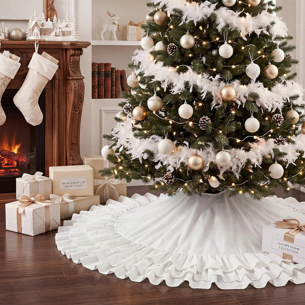 48 Inch Ruffled Velvet Christmas Tree Skirts White Tree Skirt