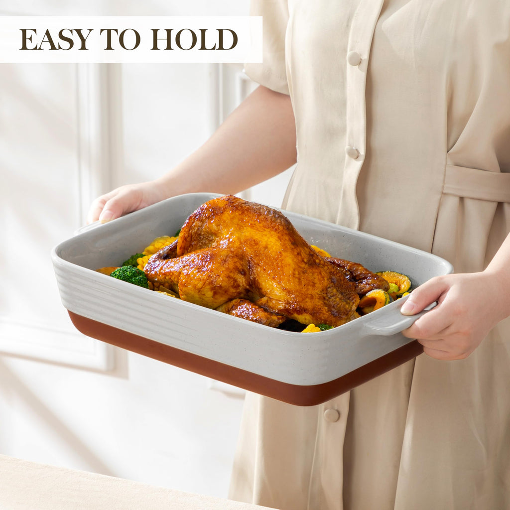 Large 9x13 Ceramic Baking Dish with Handles, 4.8 Qt, Khaki & Grey