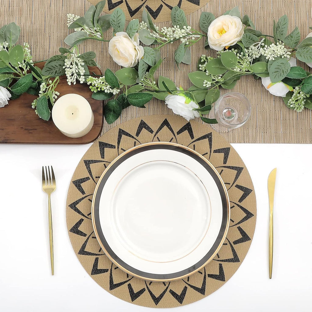 15 inch Round Vinly Placemats Boho Flower Print Place Mats Wipeable Non Slip Stain Heat Resistant Woven - Set of 6