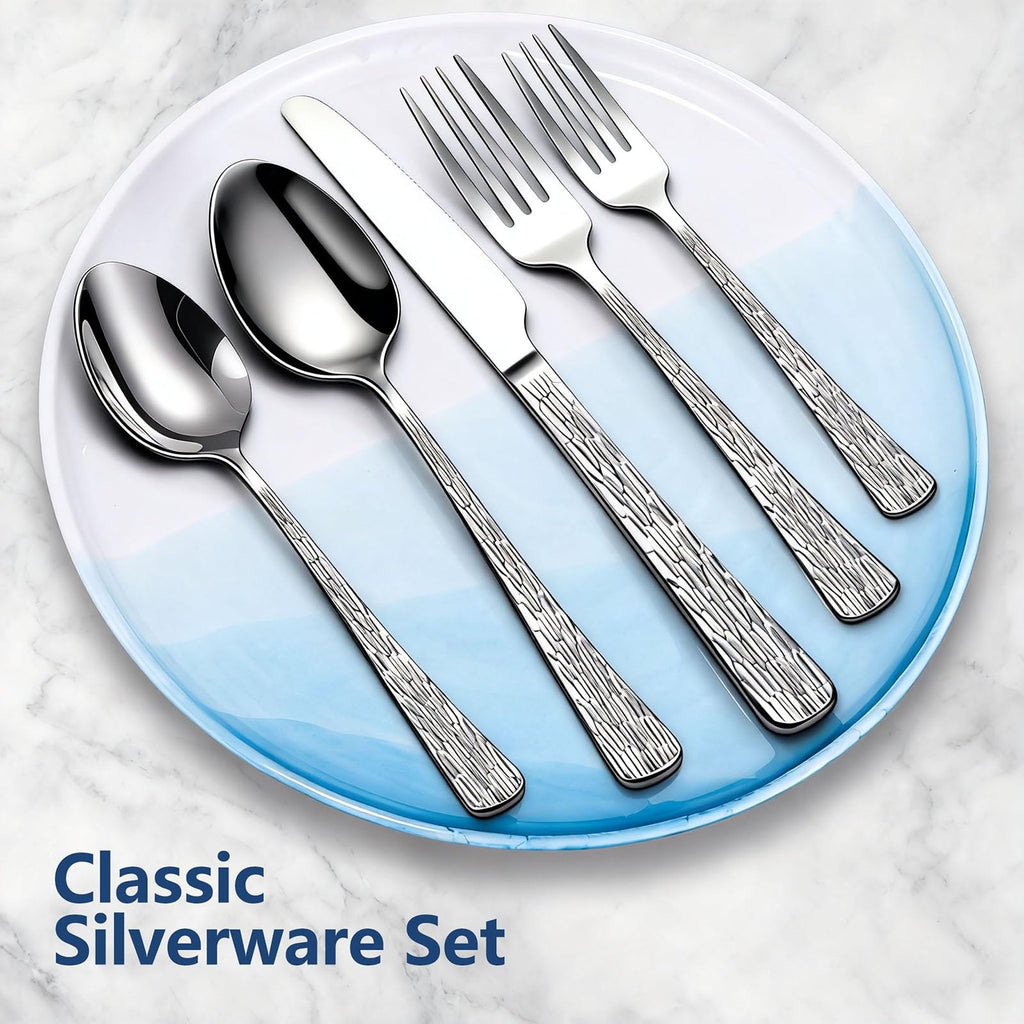 60Piece Hammered Silverware Set, Stainless Steel Flatware Set for 12