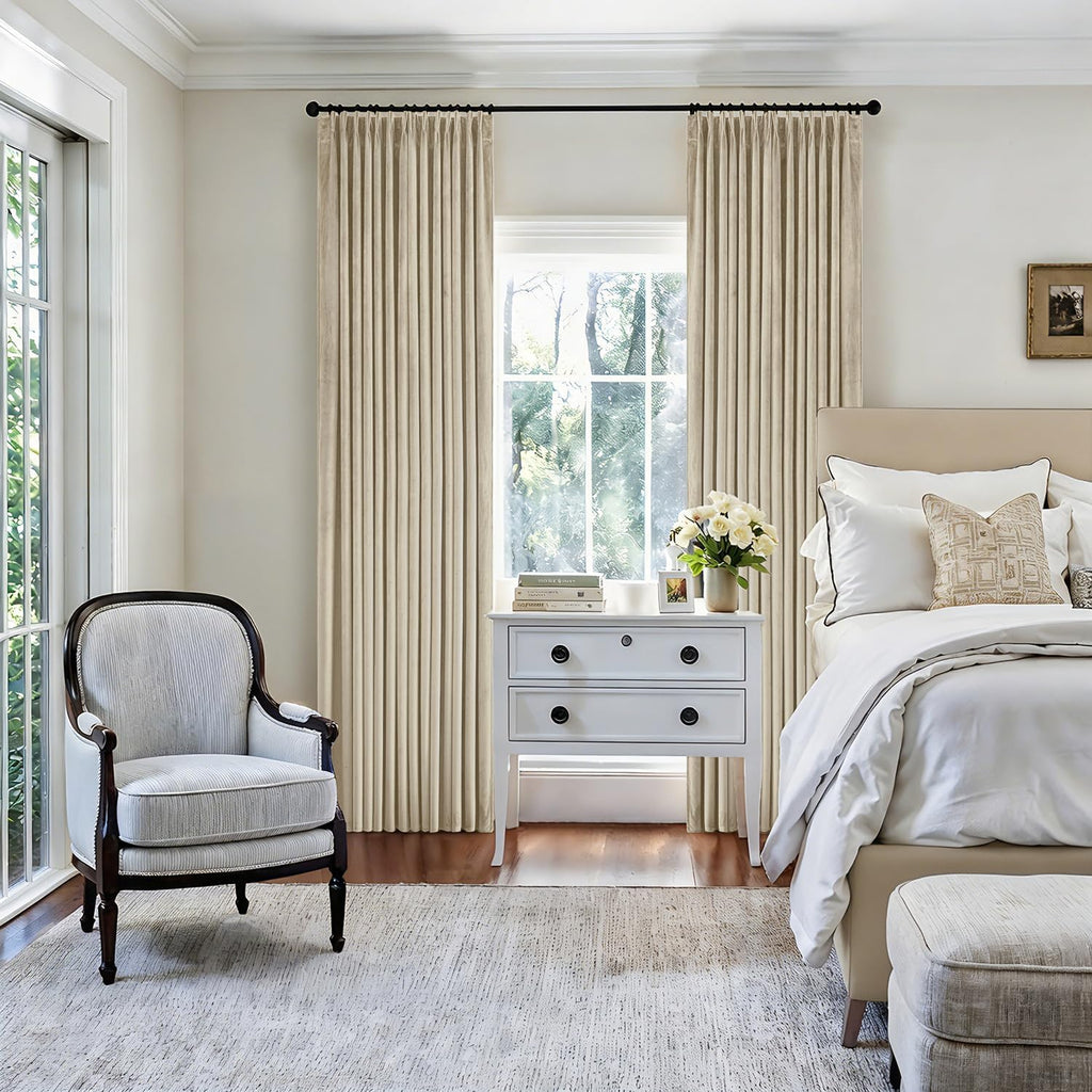Beige Velvet Curtains 96 inches Long, Pinch Pleated Blackout Drapes with Hooks, Thermal Insulated Pinch Pleat Panels