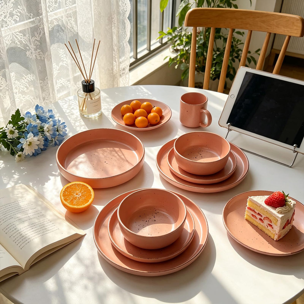 20-Piece Dinnerware Set - Serves 4, Matte Rose Glaze plates and bowls sets with Speckle Effect for Microwave &