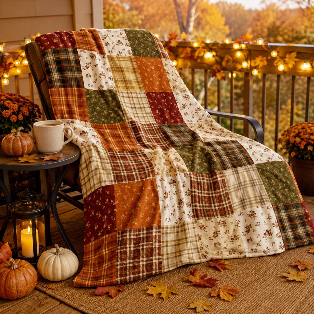 Fall Fuzzy Flannel Blanket, Patchwork Style, 60 x 50 Inch