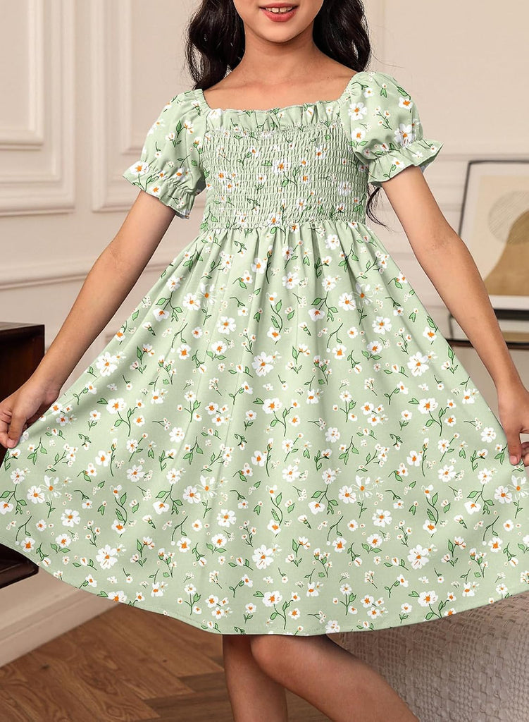 Girls Summer Dresses Floral Boho Short Sleeve Dress
