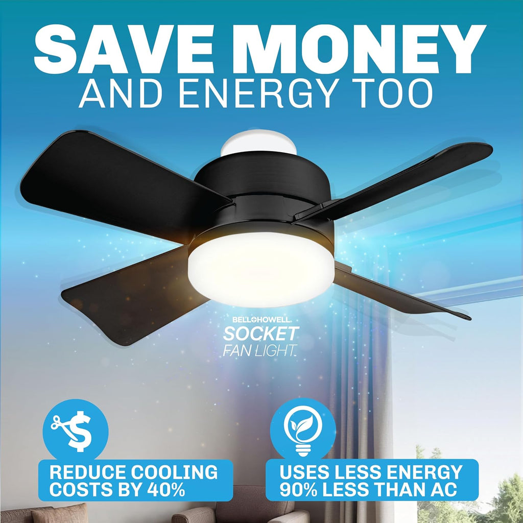Breeze Socket Fan Light with Remote, 15.75" Cost Saving Ceiling Fans with Lights Replacement for Bedroom, Kitchen, Living Room, Warm 3500K, 1000 Lumens, Easily Screws into E26/E27 A101-B0CP89S314