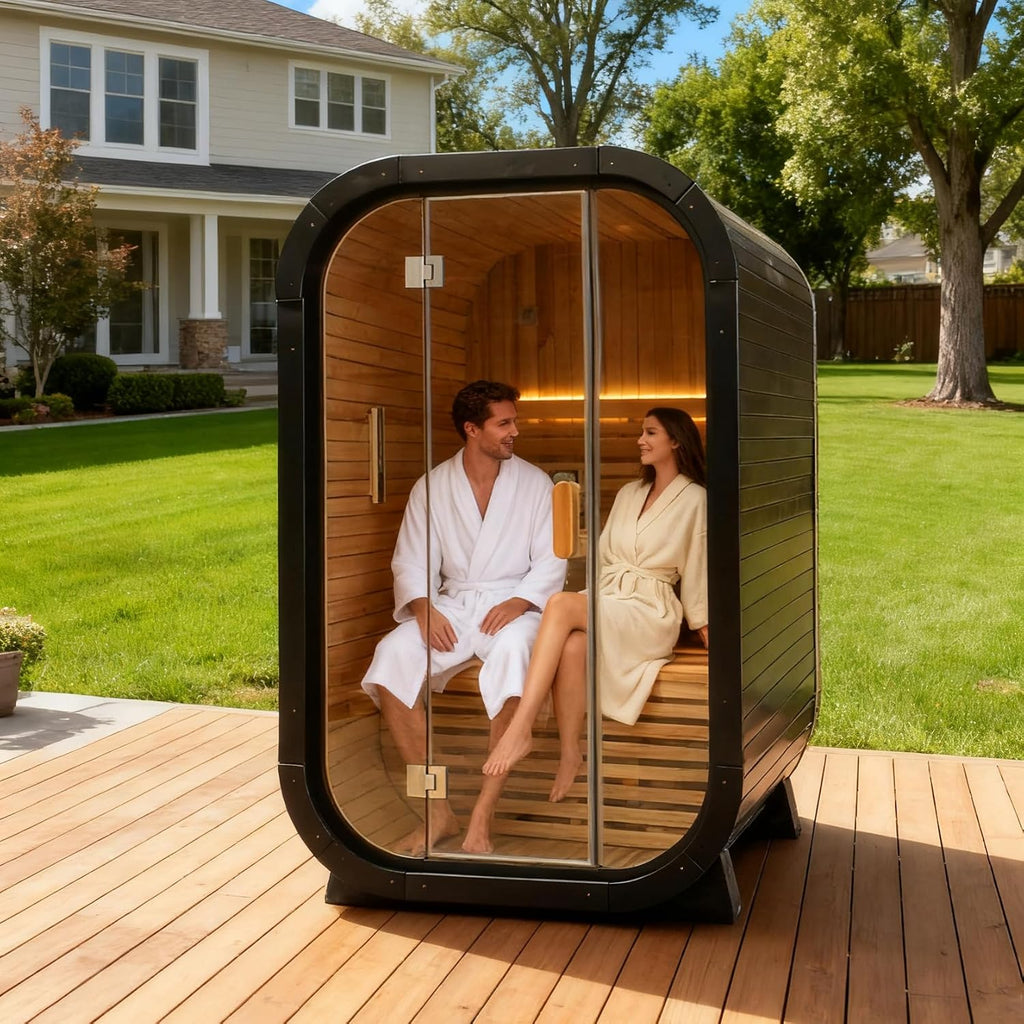 Outdoor Steam Sauna for 2 Person, Canadian Cedar Saunas Spa, Traditional Barrel Wooden Sauna with ETL-Certified 4.5KW