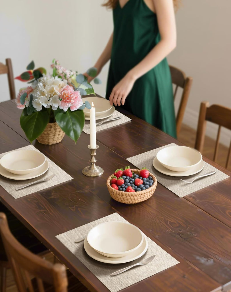 Woven Vinyl Beige Placemats - Linen Look & Easy to Clean - Set of 6