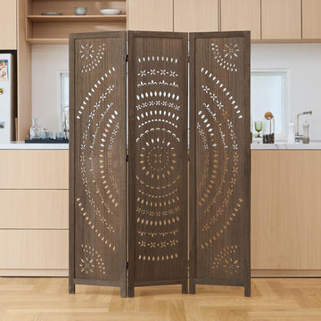 66.9Inch Folding Room Divider, 3 Panels Wood Carved Privacy Screens, Free Assembled Freestanding Partition Restaurant
