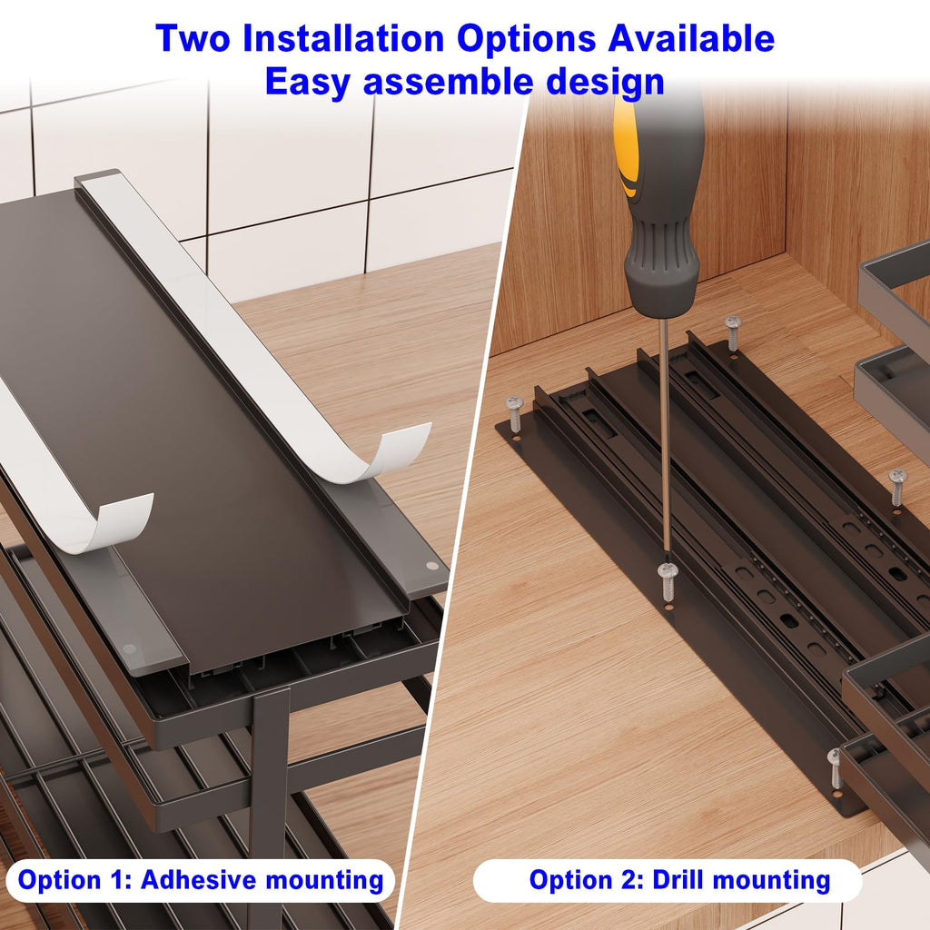 2 Pack Pull Out Spice Rack Organizer for Cabinet, 2 Tier Metal Slide Out Seasoning Organizer and Storage Heavy Duty