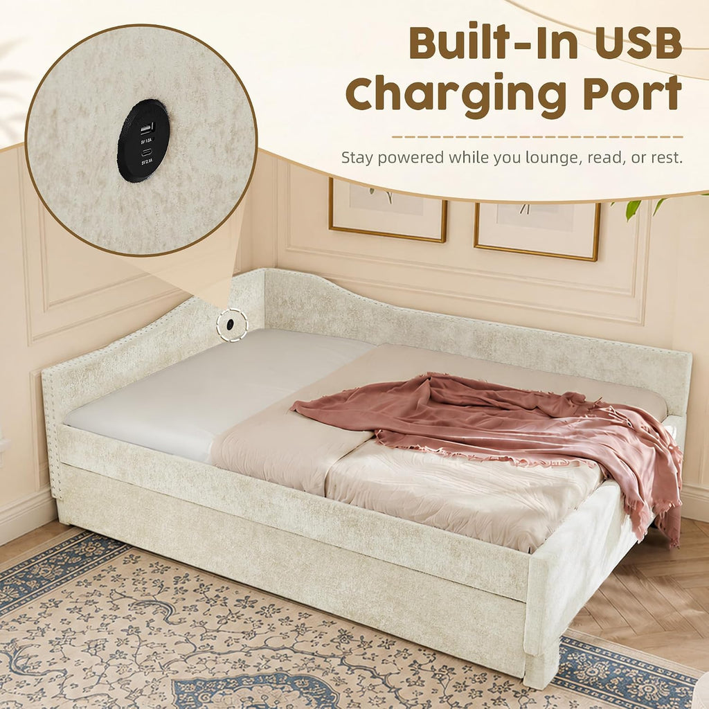 Full Daybed with Pop Up Trundle, Full Size Day Bed Frame, USB Port, Beige | Chenille L-Shaped Corner Bed Frame