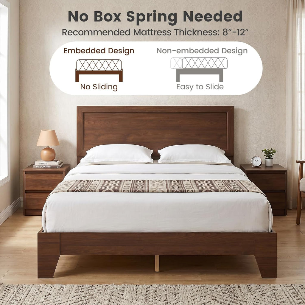 Queen Bed Frame, Mid-Century Modern Platform Bed with Headboard, Wooden Slat Support Mattress Foundation, Under-Bed