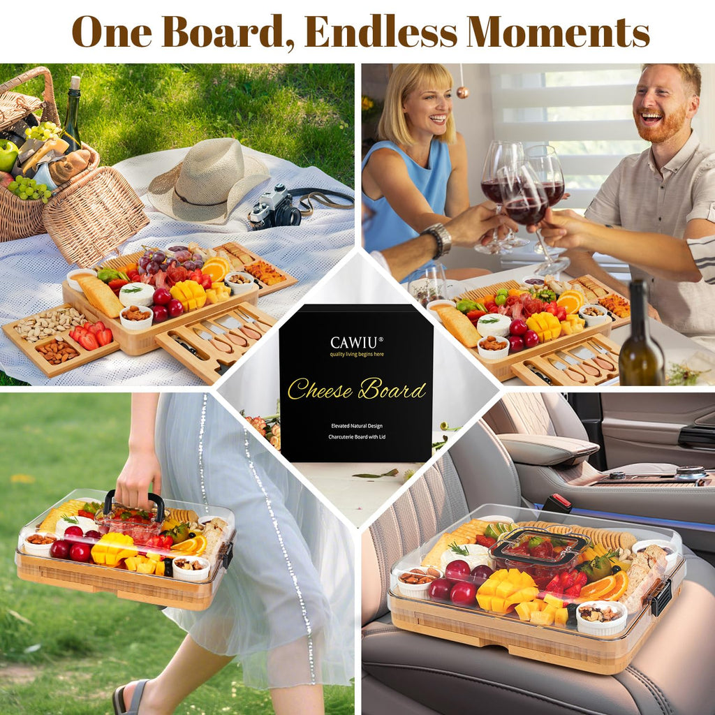 Large Bamboo Charcuterie Board Set with Lid, Drawers, Black