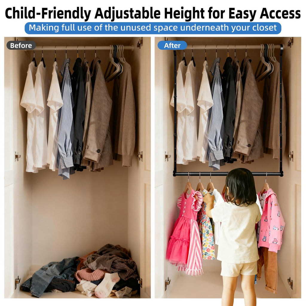 Hanging Closet Rods - Adjustable Height & Width Closets Bar Lower Extender