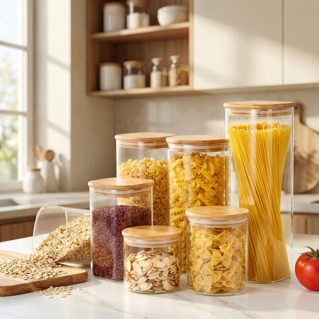 Square Glass Jars with Bamboo Lids [Muti Size Set of 5], Glass Canisters with Airtight Lids, Glass Food Storage