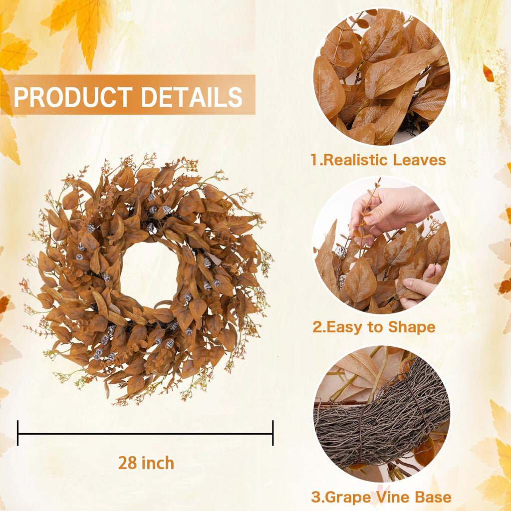 28 Inch Fall Wreath for Front Door, Artificial Eucalyptus Porch Decor