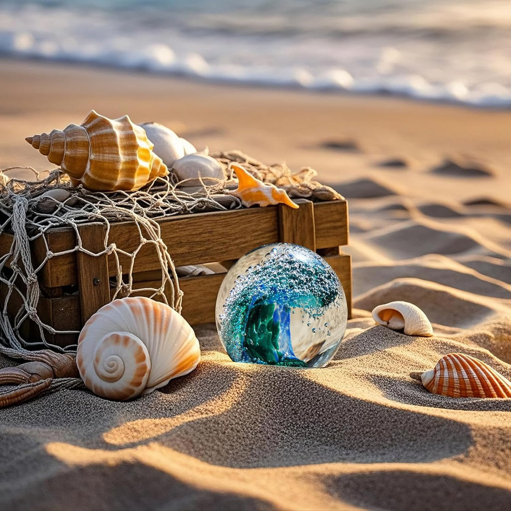 Hand Blown s Ball: Ocean Wave Design Glass Paper Weights, Beach Decorations - Unique Ocean Themed