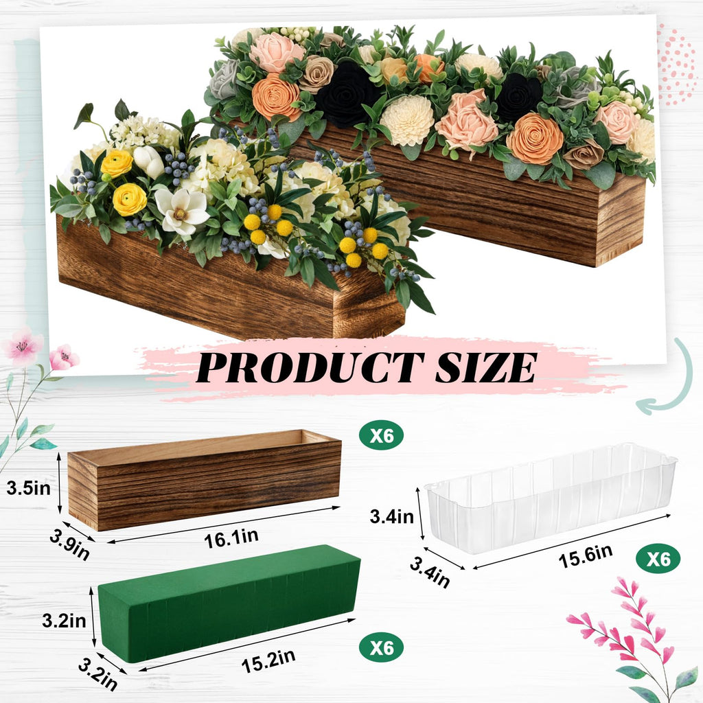 6 Set Wood Rectangle Boxes 16x4 Inch Rustic Planter with Liner