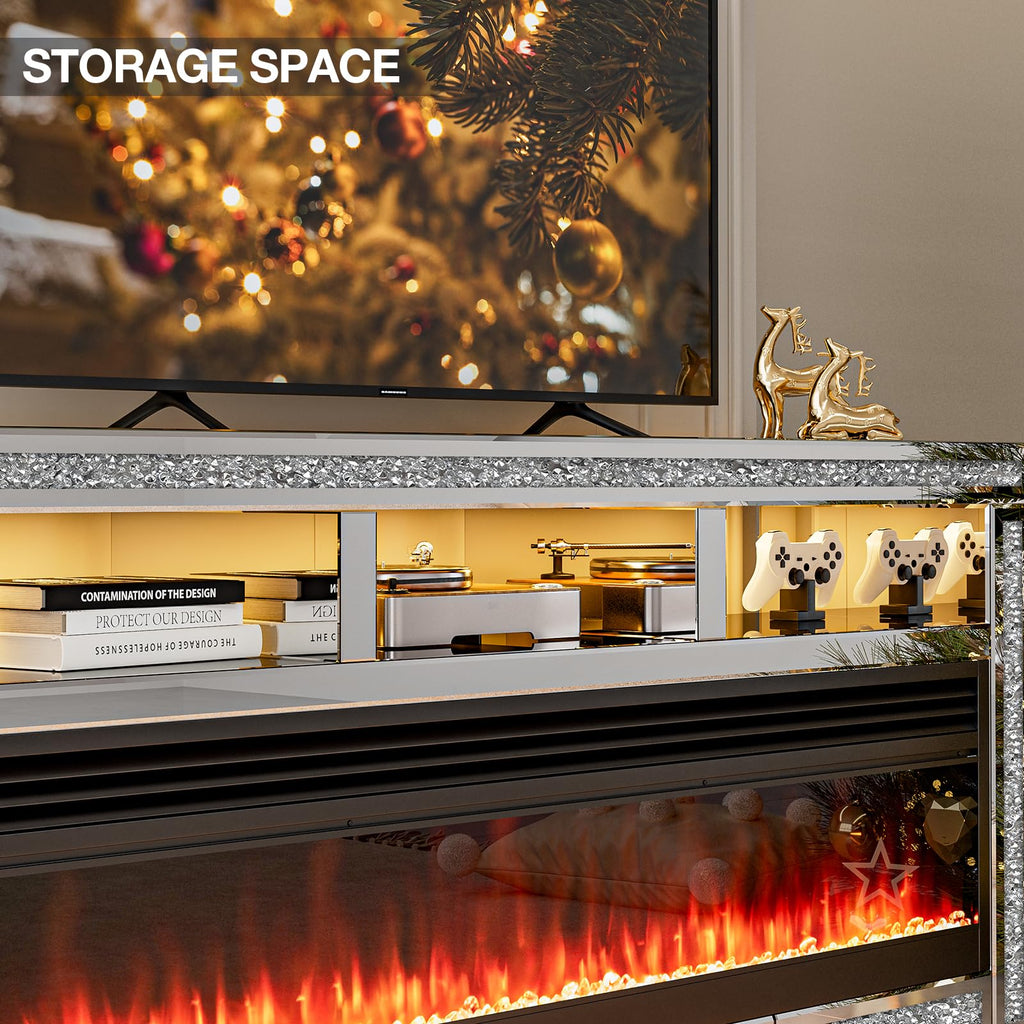 Mirrored Fireplace TV Stand for 65+ inch TV, Silver TV Console Table with Crushed Diamond and LED, Modern Media