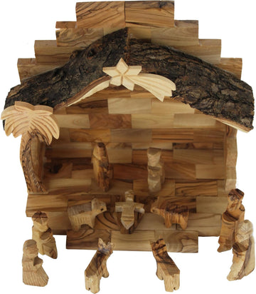 Land Market Olive Wood Nativity Set, 12 Piece with Stable, Bark Roof