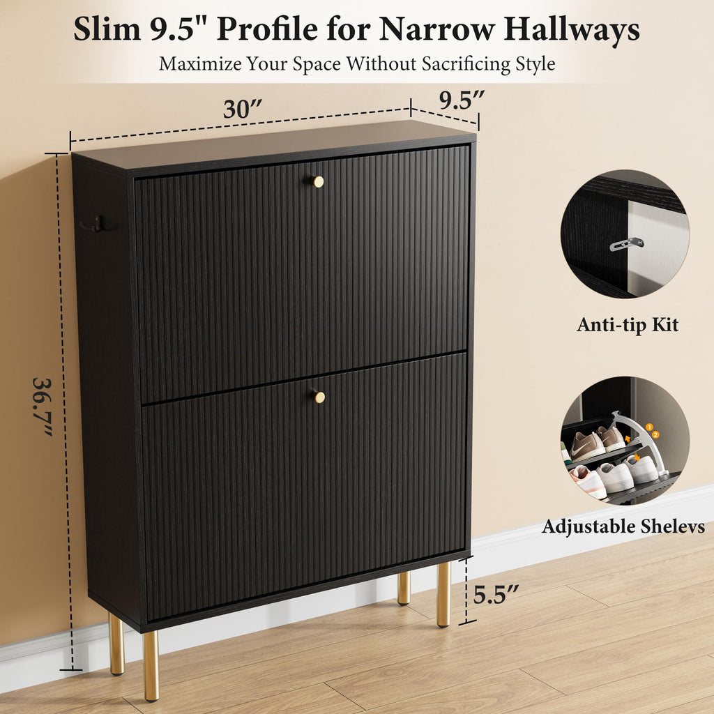 Shoe Cabinet Storage, Narrow Shoe Rack with Metal Legs, 9.5" Slim 2 Flip Drawers Shoe Storage Cabinet for Small