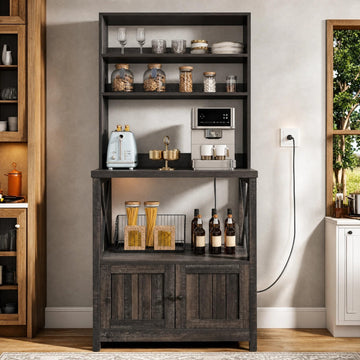 5-Tier Farmhouse Bakers Rack with Door & Outlet, Coffee Bar Cabinet
