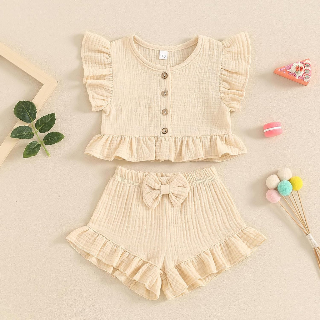 Toddler Baby Girl Solid Color Fly Sleeve Button Ruffle Tops+Bow Shorts Bubble Two Piece Summer Outfit Clothes Set