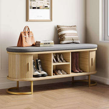 Shoe Storage Bench with Cushion and Sliding Doors, 47.2 Inch Shoe Bench with Storage, Freestanding Entryway Bench