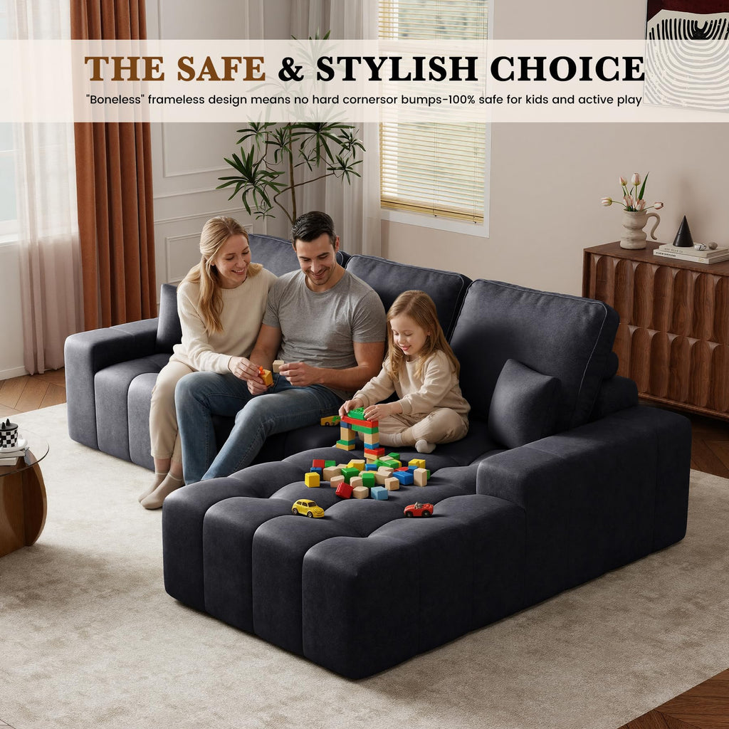 110'' Faux Leather Boneless Modular Sectional Couch, Black Right Facing