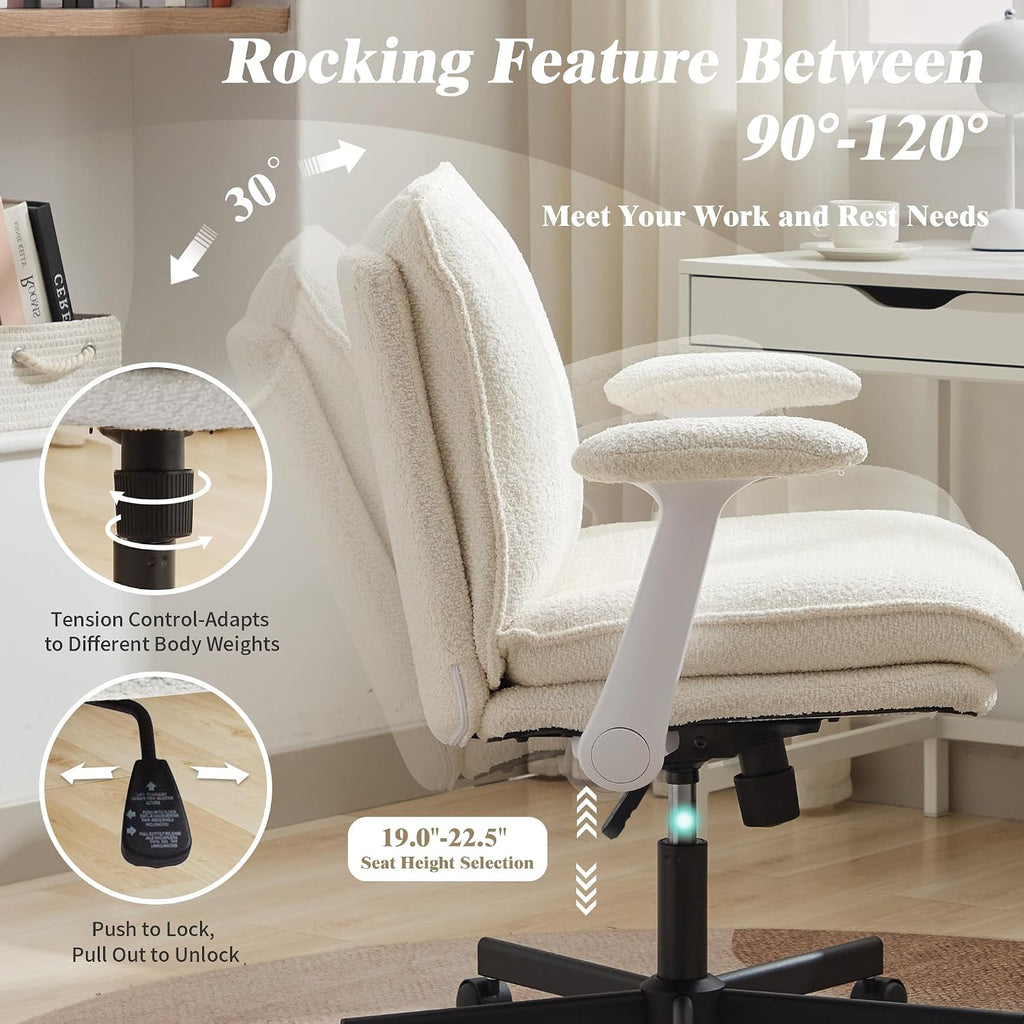 Criss Cross Legged with Wheels and Flip-Up Arms, Upholstered Criss Cross Desk Chair, Wide Seat Chairs for Home