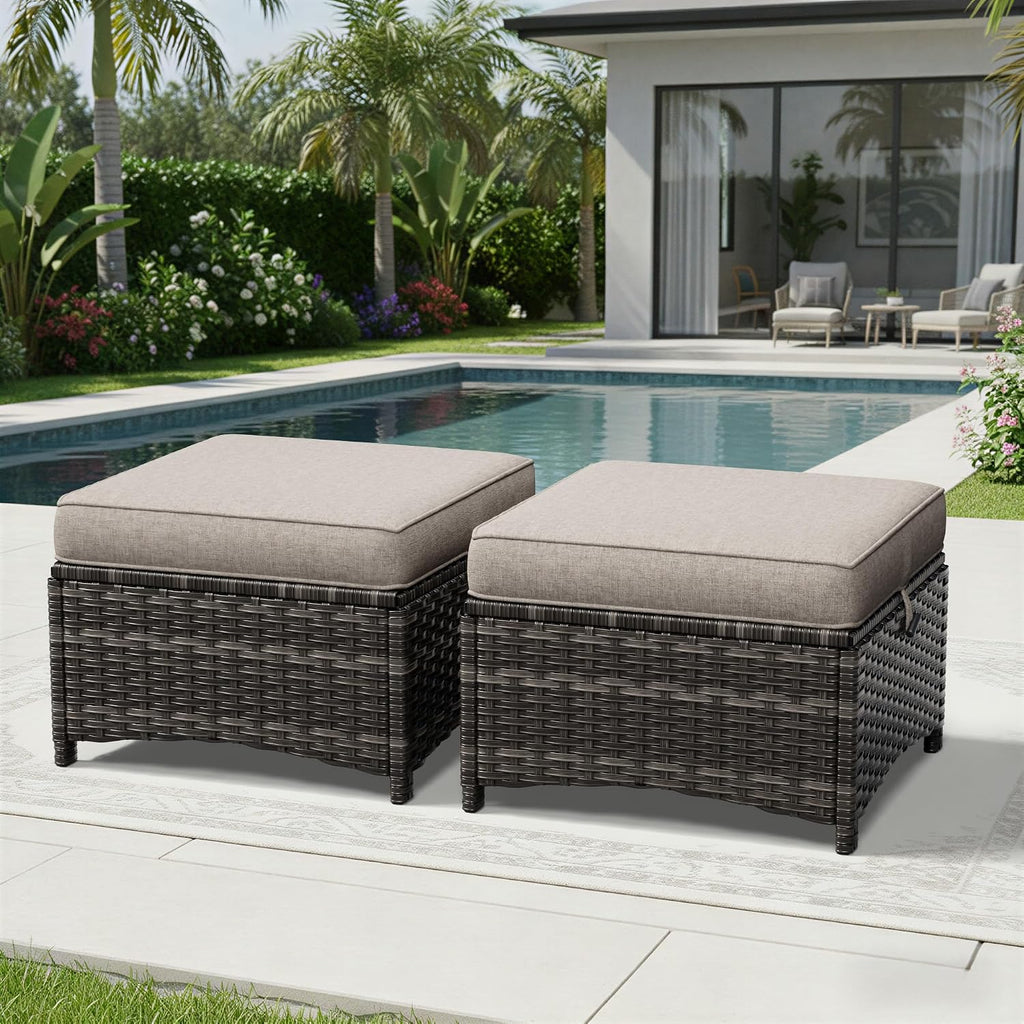 Outdoor Ottoman Set of 2, Patio Large Ottoman Foot Rest with Thickened Cushions, Outdoor Wicker Foot Stool for Porch
