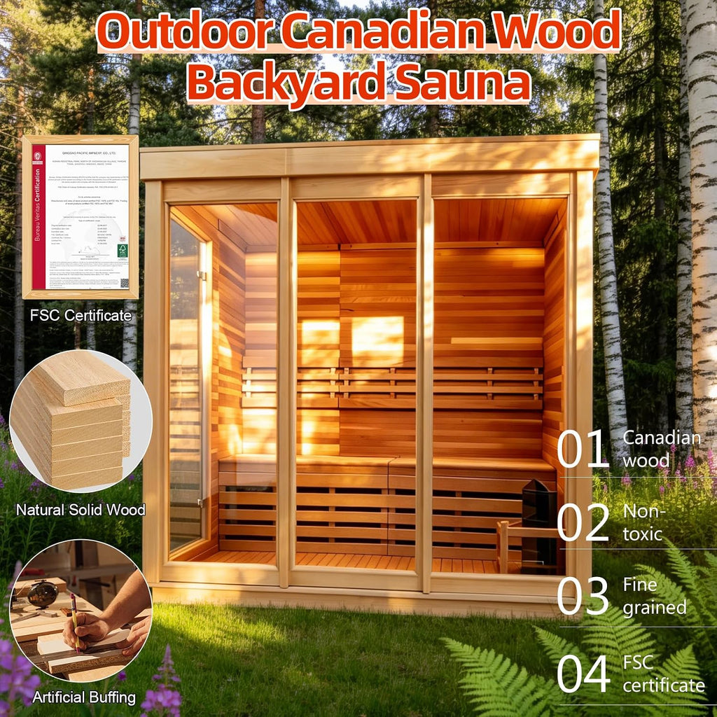 Outdoor 3-4 Person Steam Sauna, Canadian Red Cedar Sauna Room , Withstand Outdoor Temp 6KW ETL Heater 220V/195°F