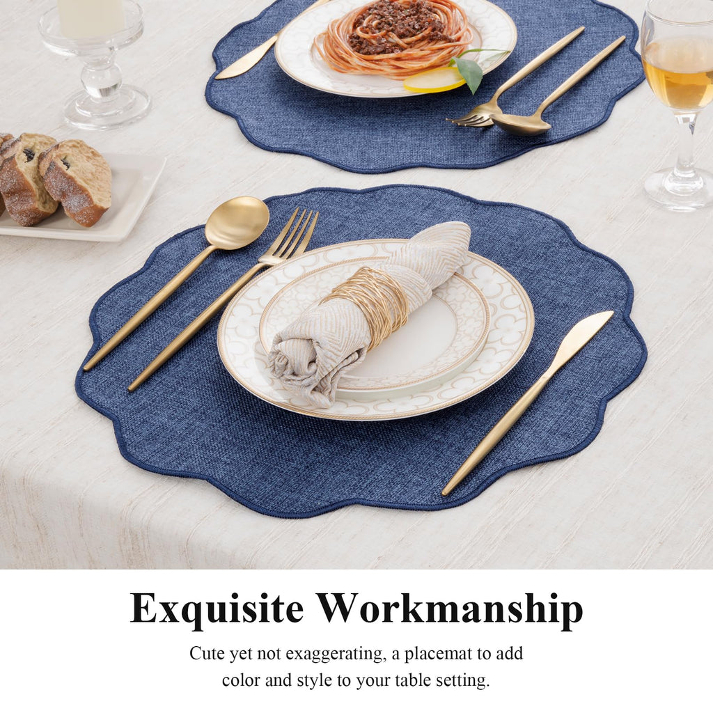 Navy Blue Round Scalloped Placemats Set of 4 Polyester Linen Blend