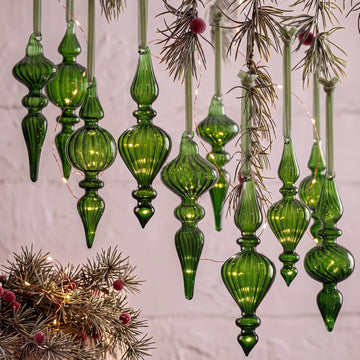 Vintage Glass Finial Christmas Ornaments, Green - Set of 12
