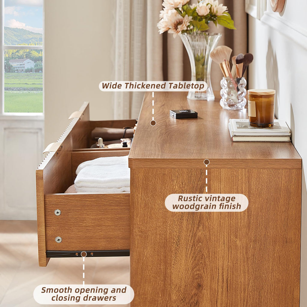 Fluted 6 Drawers, 48" Wide Farmhouse Chest of Drawers with Metal Handle, Curved Profile Modern Closet Organizer Wood