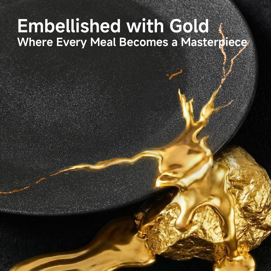 24-Piece Matte Crackle Dinnerware Sets, Black and Gold