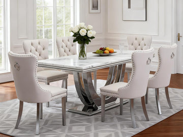 7-Piece White Marble Dining Table Set for 6, Modern 68inch Dining Table and Beige Velvet Dining Chairs Set of 6