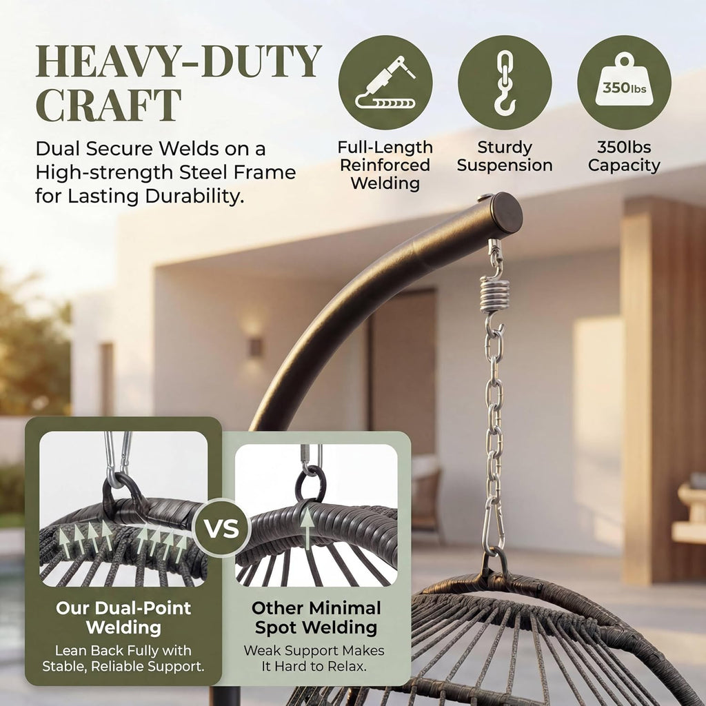 Outdoor Egg Chair with Stand, Wicker , Light Grey | 350 lbs Heavy Duty, Wicker Rattan Hanging Hammock Chair, Single