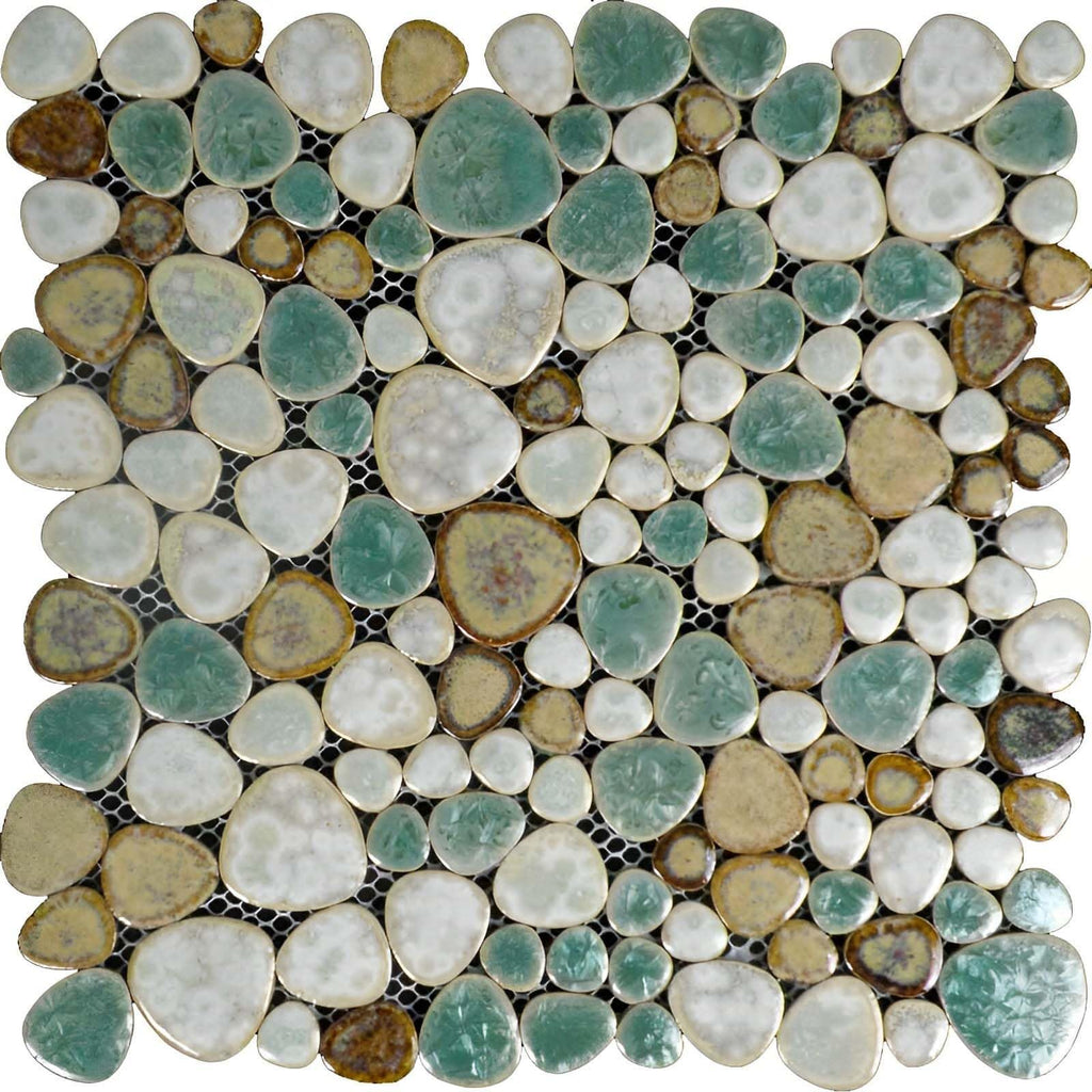Ceramic Pebble Mosaic Tile, Aqua Cream Coffee, 5 Sq Ft
