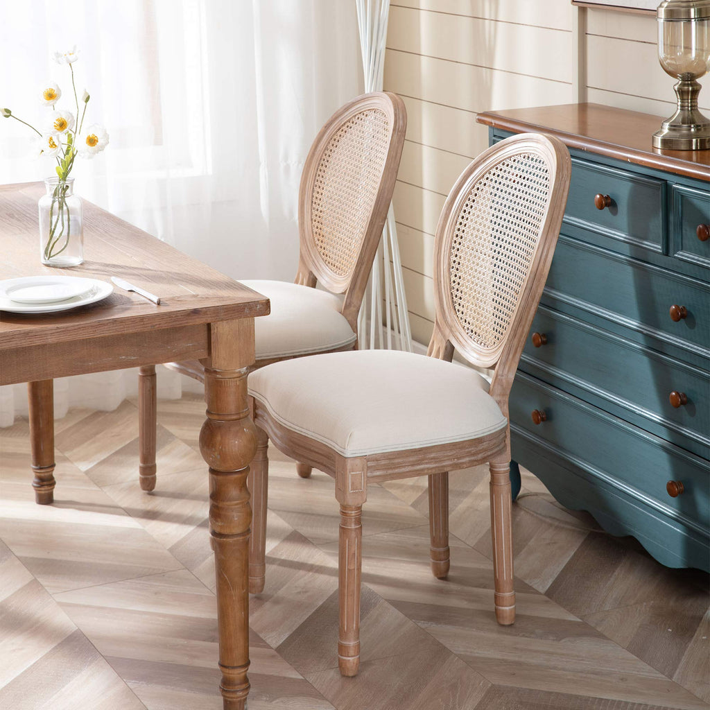 French Country Dining Chairs Set of 4, Farmhouse Fabric Chairs with Round Back, Rattan Dining Chair, Oval Side Chairs