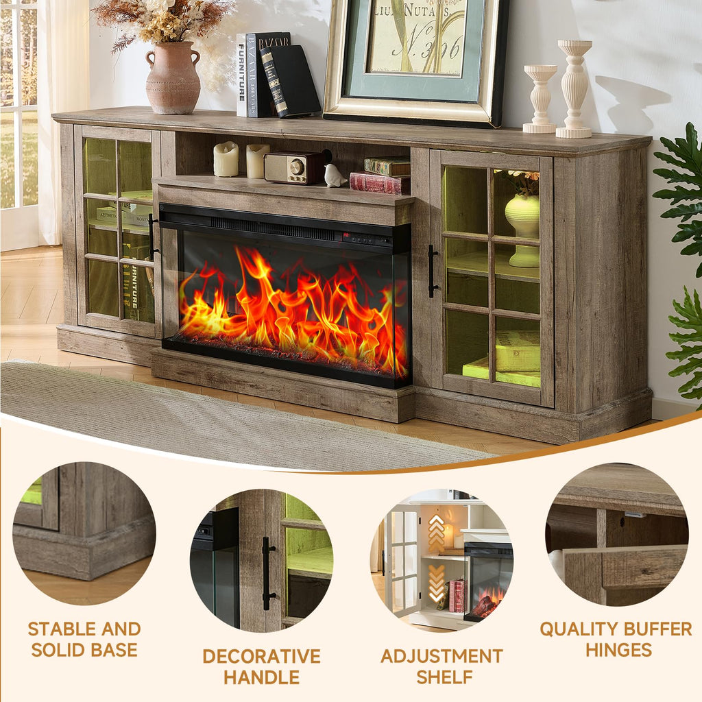 3 Sided Glass 80" for TVs up to 90inch, Media Entertainment Center with Glass Door Storage Cabinet, 36" Electric