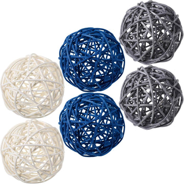 Wicker Rattan Decorative Balls Vase Filler, Blue Gray White - Set of 6