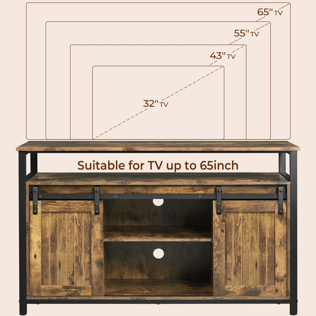 Tall Farmhouse TV Stand for 65 Inch TV, Barn Doors, Rustic Brown