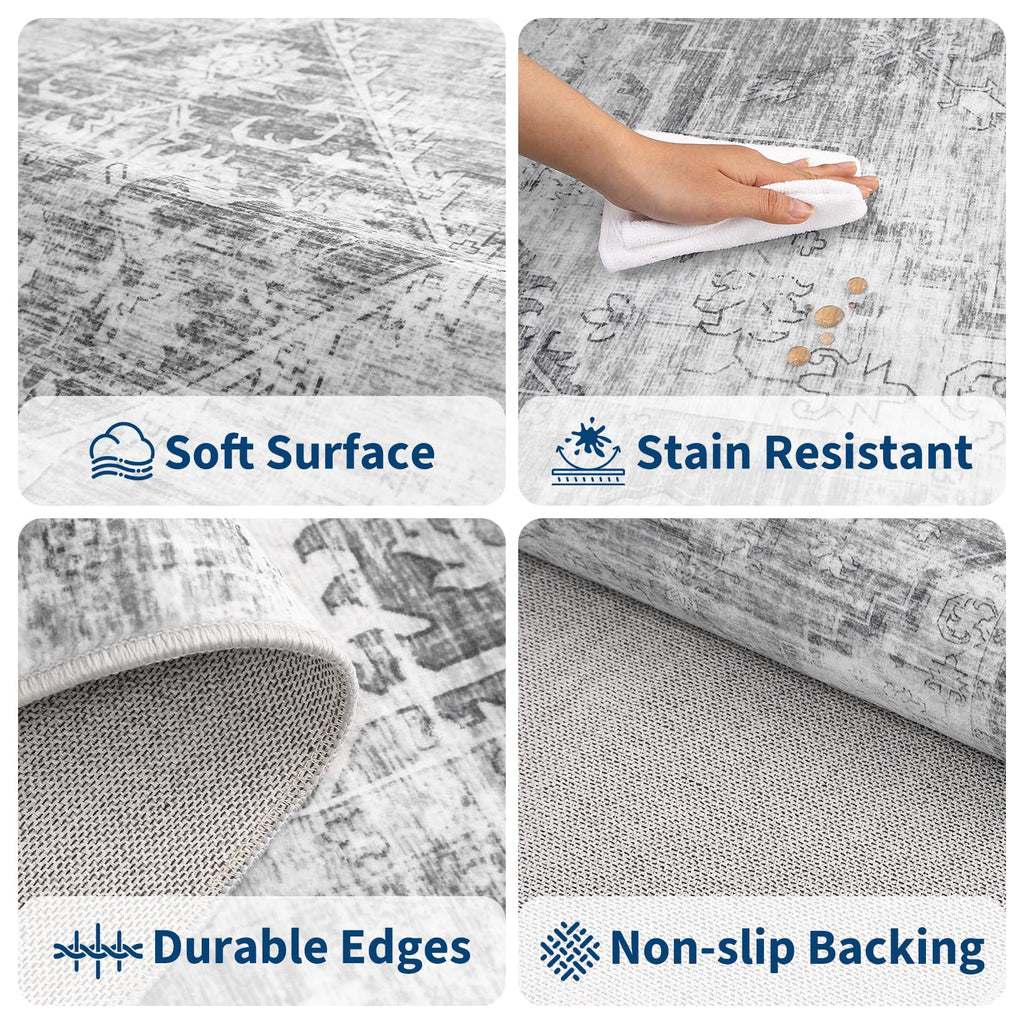Grey Boho Washable Runner Rug Hallways Entryway