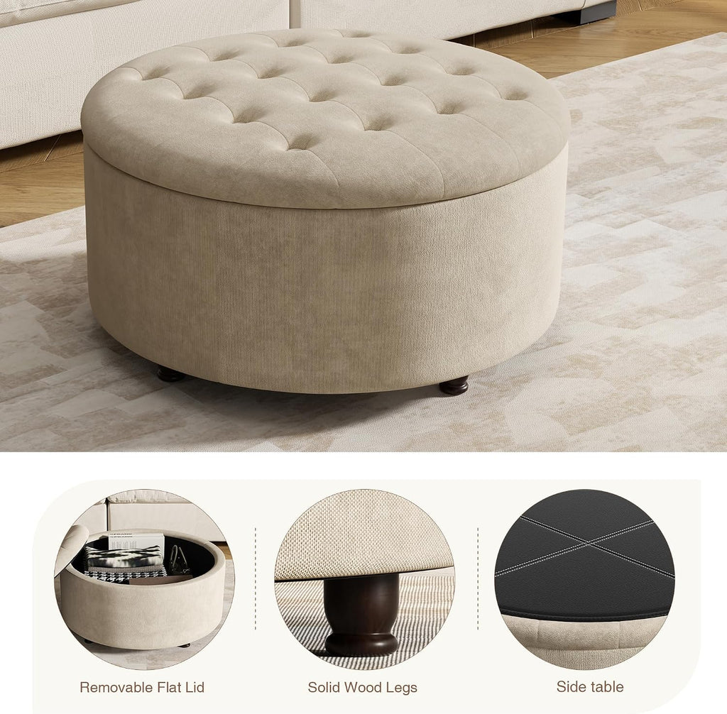 30 Inch Round Storage Ottoman,Modern Tufted Ottomans,Circular Coffee Table with Removable Top,Upholstered Large