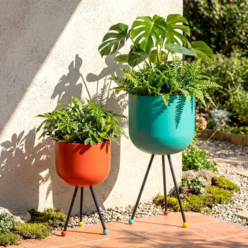 2 Pack Mid Century Modern Metal Planter with Stand, Orange, Blue