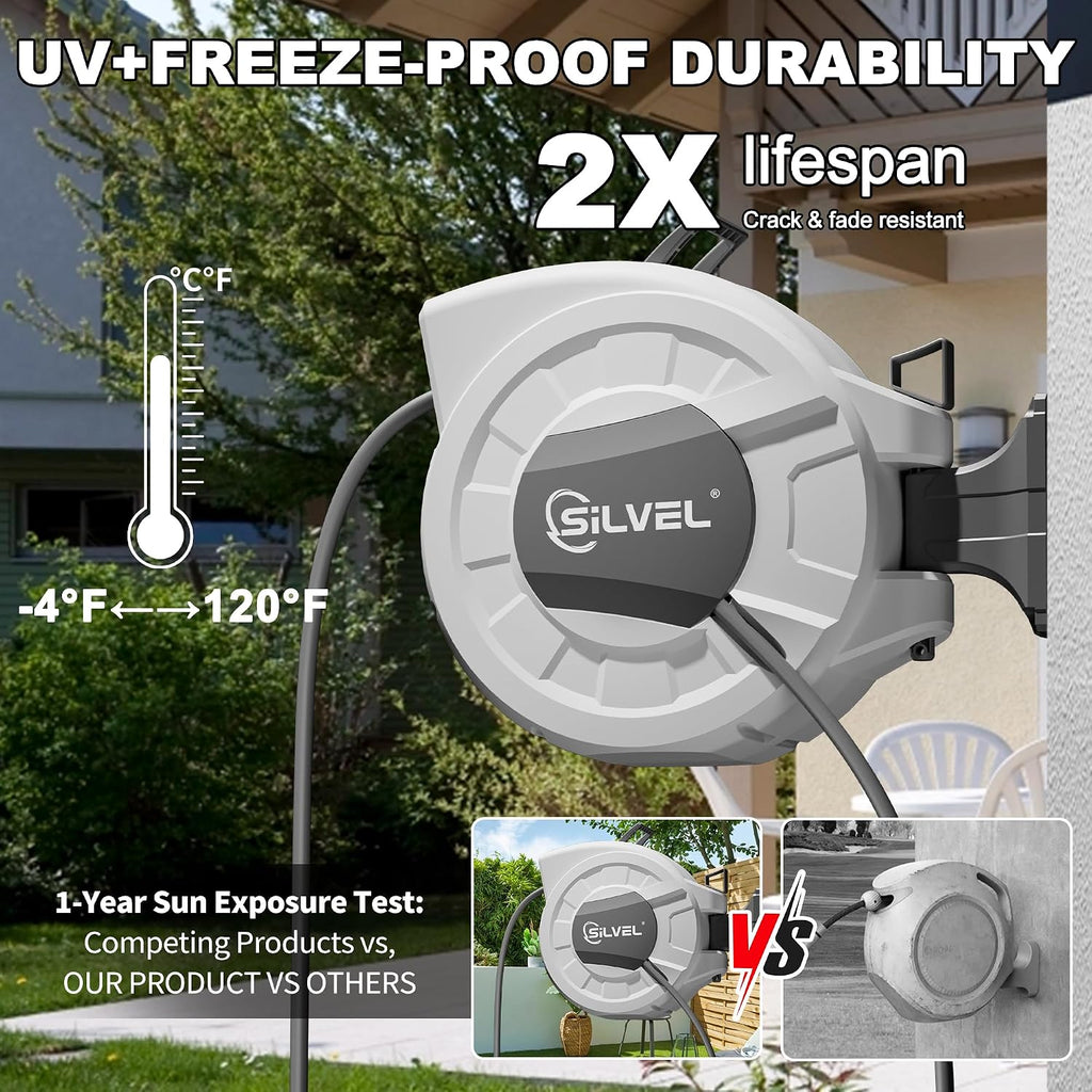 Retractable Garden Hose Reel, 1/2" x 100ft Wall Mount Heavy Duty Automatic Hose Reel with 10 Pattern Nozzle, Any