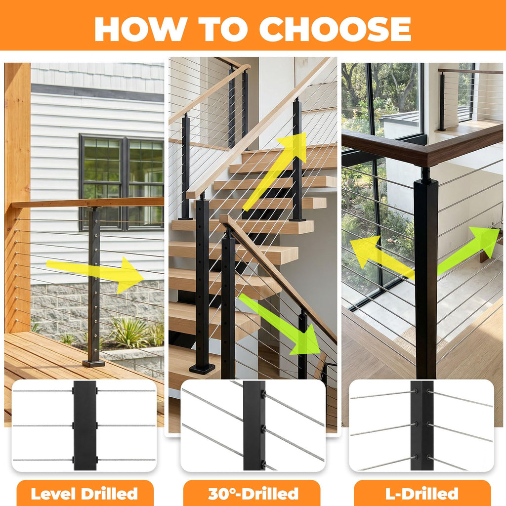 36IN Cable Railing Stair Post 30°Angled