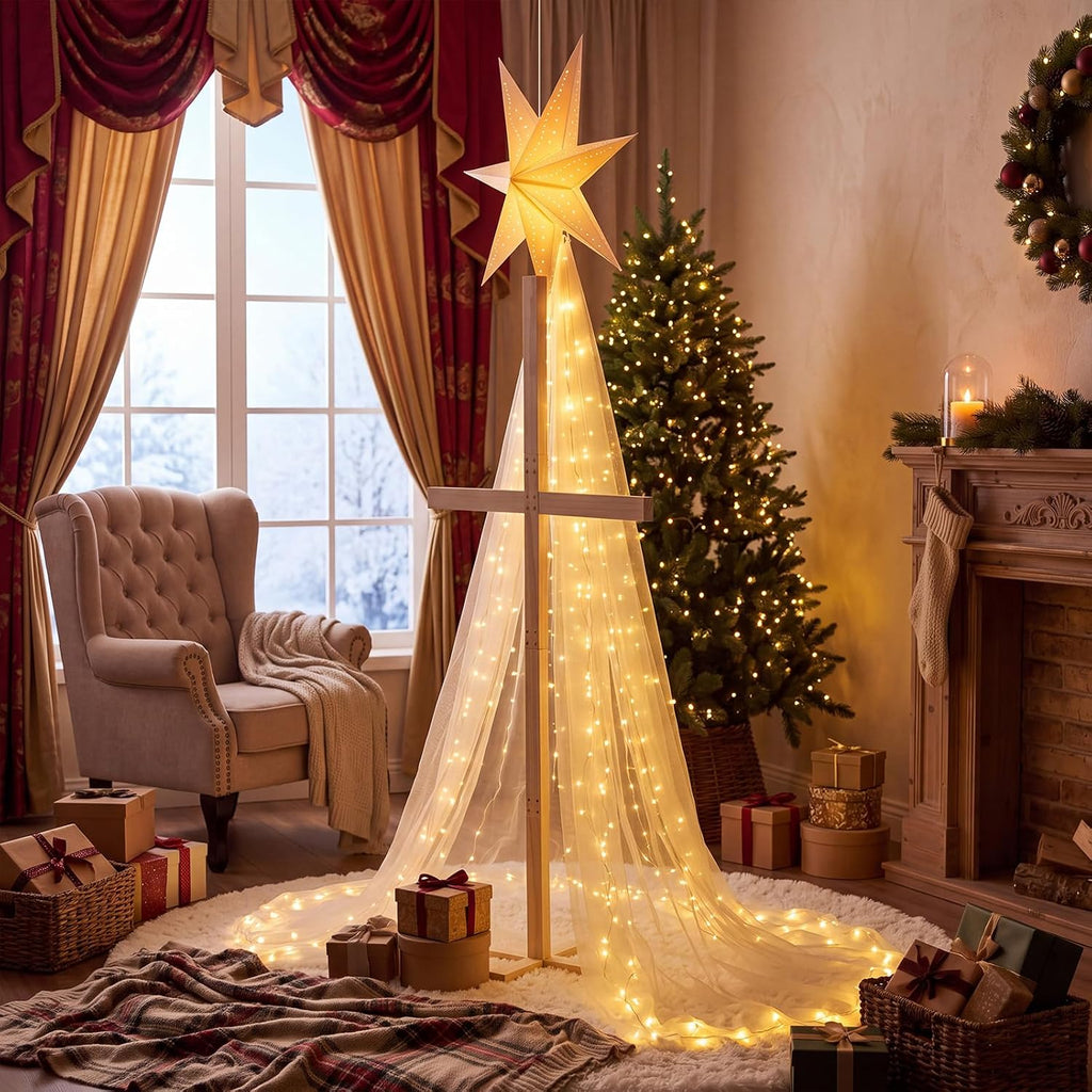 5 Pcs Lighted Christmas Nativity Scene Decorations Set with 5.09Ft Wooden Cross Bethlehem Star Gauze Curtain LED