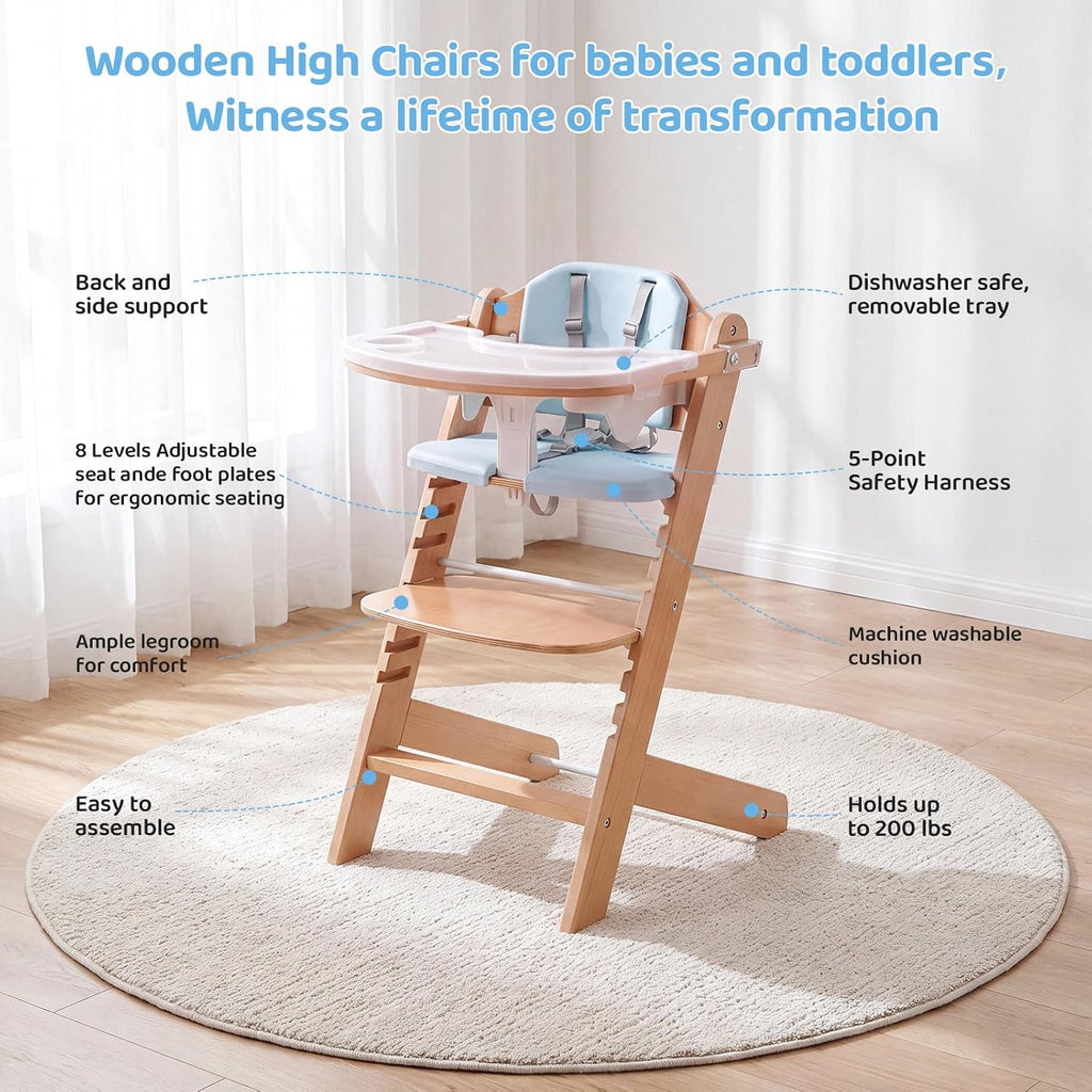 Natural Wooden Baby High Chair with Cushions & 3-Tier Remove Adjustable Tray Cushion, Easy to Clean & Natural Wooden