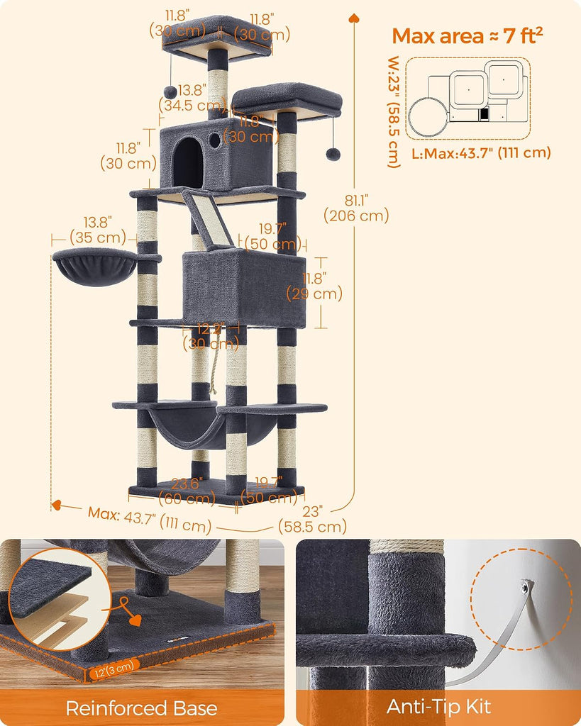 Cat Tree, 81.1-Inch Large Cat Tower, Multi-Level Condo, Smoky Gray